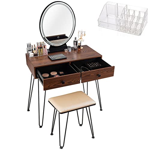 CHARMAID Vanity Set with Lighted Mirror, 3-Color Touch Screen Dimmable Mirror, 2 Drawers, Additional Storage Organizer, Bedroom Makeup Dressing Table with Cushioned Stool (Walnut)