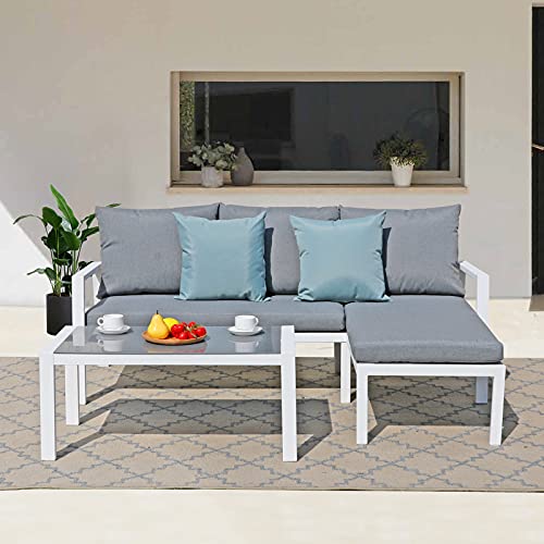 Soleil Jardin Outdoor Patio Furniture Set with Chaise Lounge, Aluminum Sofa Set for Porch Garden, Space Saving L-Shaped Corner Sectional Chair with Glass Coffee Table, White Finish & Grey Cushion Soleil Jardin Outdoor Patio Furniture Set with Chaise Lounge, Aluminum Sofa Set for Porch Garden, Space Saving L-Shaped Corner Sectional Chair with Glass Coffee Table, White Finish & Grey Cushion