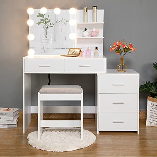 usikey 43.5in(L) Large Vanity Set with 10 LED Lights, Makeup Table, Vanity Table with 3 Shelves and Movable 3-Drawer Chest , Makeup Vanity Dressing Table with Cushioned Stool & 2 Large Drawers, White