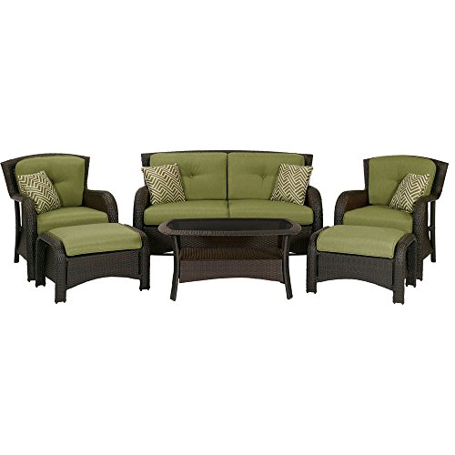 Hanover Strathmere 6-Piece Outdoor Patio Conversation Set, 2 Side Chairs with Ottomans, Loveseat and Tempered Glass Coffee Table, with Hand-Woven Wicker and Thick Cilantro Green Cushions, STRATHMERE6PC