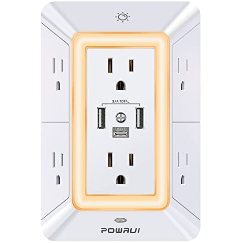 Surge Protector, POWRUI 3-Sided Power Strip 6-Outlet Extender with 3 USB Ports (1 USB C) and Night Light, USB Wall Charger and Adapter Spaced Outlets, White, ETL Listed