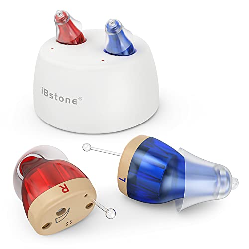iBstone Rechargeable Hearing Amplifier to Aid Adults Seniors Hearing, Completely-in-Canal (CIC) Mini Digital Hearing Devices for Seniors & Adults, Blue & Red, Pair, K17