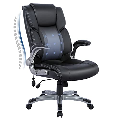 High Back Executive Office Chair- Ergonomic Home Computer Desk Leather Chair with Padded Flip-up Arms, Adjustable Tilt Lock, Swivel Rolling Chair for Adult Working Study-Black