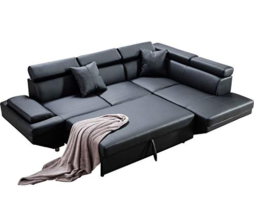 FDW with 2 Piece Faux Leather Queen Contemporary Living Room Sectional Sleeper Modern Corner Futon Sofa Bed Couches, Black