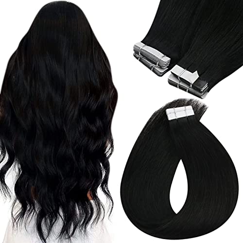 Sunny 26inch Black Tape in Hair Extensions Real Human Hair Skin Weft Tape on Black Hair Extensions Long Hair Tape in Human Hair for Black Women Jet Black Straight Tape in Extensions #1 50g 20pcs
