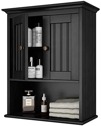 Treocho Wood Wall Cabinet Bathroom Medicine Cabinet Storage with Doors and Adjustable Shelf Wall Mount for Bathroom, Livingroom, Kitchen, Cupboard, Black Treocho Wood Wall Cabinet Bathroom Medicine Cabinet Storage with Doors and Adjustable Shelf Wall Mount for Bathroom, Livingroom, Kitchen, Cupboard, Black