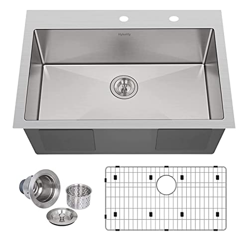 Hykolity 33-inch Drop In Kitchen Sink, Single Bowl 2-Hole Stainless Steel Topmount Kitchen Sink with Strainer & Bottom Grid, 33" x 22" x 9"