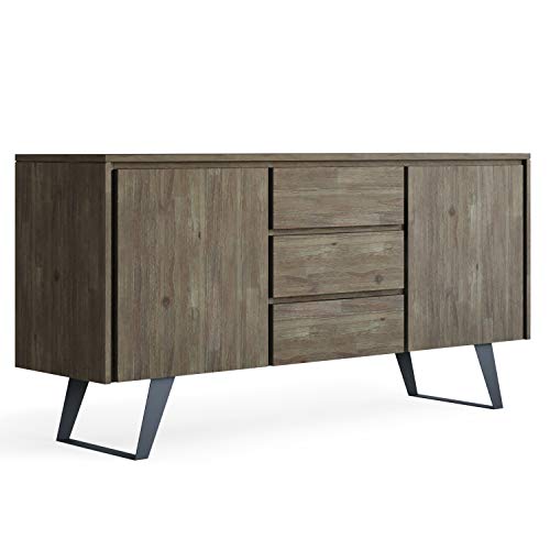 SIMPLIHOME Lowry SOLID ACACIA WOOD 60 inch Modern Industrial Sideboard Buffet and Wine Rack in Distressed Grey features 2 Doors, 3 Drawers and 2 Cabinets with Large storage spaces