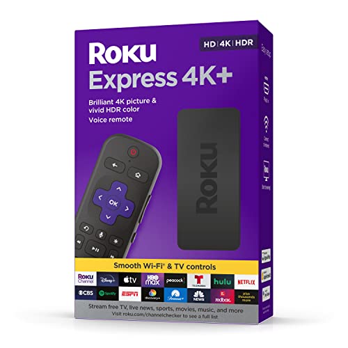 Roku Express 4K+ | Streaming Media Player HD/4K/HDR with Smooth Wireless Streaming and Roku Voice Remote with TV Controls, Includes Premium HDMI® Cable Roku Express 4K+ | Streaming Media Player HD/4K/HDR with Smooth Wireless Streaming and Roku Voice Remote with TV Controls, Includes Premium HDMI® Cable