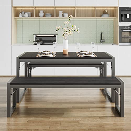 SHA CERLIN 3-Piece Dining Table Set with 2 Benches, Rustic Kitchen Table Set for 4-6, Space-Saving Dinette, Sturdy Structure, Easy Assemble, Black/Grey SHA CERLIN 3-Piece Dining Table Set with 2 Benches, Rustic Kitchen Table Set for 4-6, Space-Saving Dinette, Sturdy Structure, Easy Assemble, Black/Grey