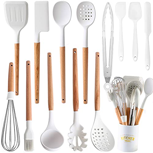 Kitchen Cooking Utensils Set, 14 Non-Stick Silicone Cooking Kitchen Utensils Spatula Set with Holder, Wooden Handle Silicone Kitchen Gadgets Utensil Set for Nonstick Cookware(White)