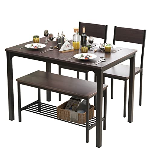 soges 4 Person Dining Table Set,43.3 inch Kitchen Table Set for 4,2 Chairs with Backrest,2-Person Bench with Storage Rack,Nesting Furniture Set for Dining Room and Restaurant, Rustic Oak GCCZ1008
