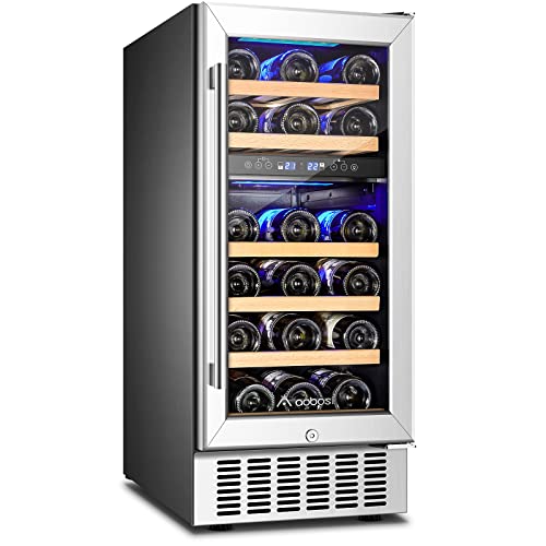 AAOBOSI 【Upgraded 15 Inch Wine Cooler, 28 Bottle Dual Zone Wine Refrigerator with Stainless Steel Tempered Glass Door,Memory Function, Fit Champagne Bottles, Wine Fridge Freestanding and Built-in AAOBOSI 【Upgraded 15 Inch Wine Cooler, 28 Bottle Dual Zone Wine Refrigerator with Stainless Steel Tempered Glass Door,Memory Function, Fit Champagne Bottles, Wine Fridge Freestanding and Built-in