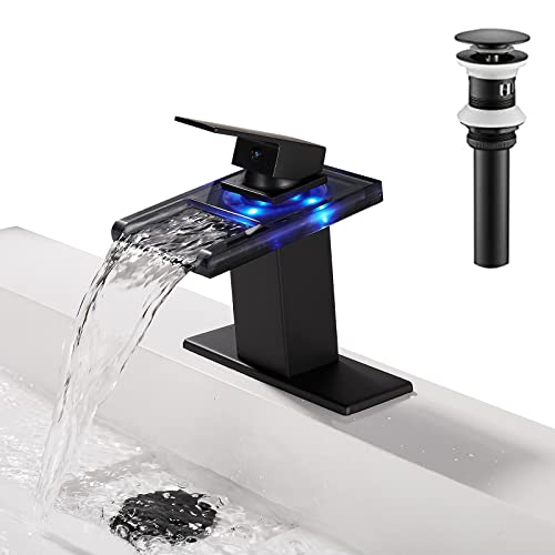 Skybathjoy LED Light Bathroom Sink Faucet Black Waterfall Spout Bathroom Faucet for Sink 1 Hole, Hot and Cold Water Mixer, LED Light Waterfall Faucet Glass Spout Skybathjoy LED Light Bathroom Sink Faucet Black Waterfall Spout Bathroom Faucet for Sink 1 Hole, Hot and Cold Water Mixer, LED Light Waterfall Faucet Glass Spout