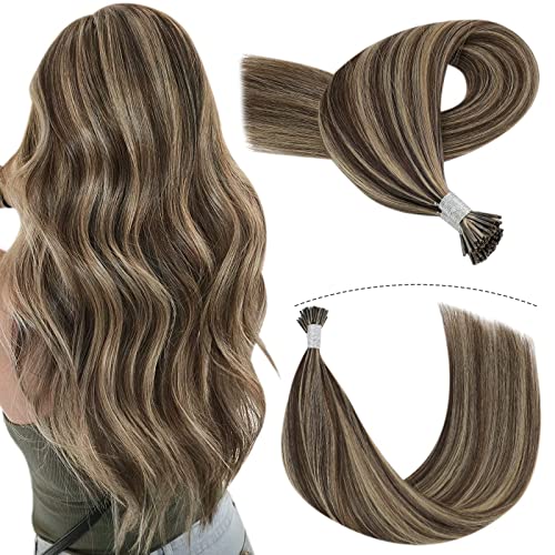 YoungSee Itip Human Hair Extensions Keratin Hair Extensions Dark Brown Highlighted with #27 Blonde Remy I Tip Hair Extensions Fusion Human Hair 16inch Stick Tip Hair Extensions 100 strands 50g