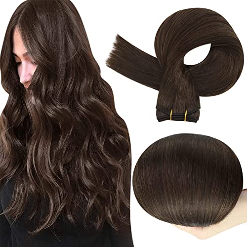 Full Shine Sew in Hair Extensions Real Human Hair 22 Inch Weft Extensions Real Remy Human Hair Color 2 Dark Brown Double Weft Full Head Set Straight Hair Weaves 105 Grams Hair Weft Bundles