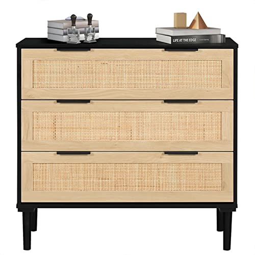HOPUBUY 3 Drawer Dresser for Bedroom, Rattan Dresser Modern Closet Dressers Chest of Drawers, Wood Black 3 Drawer Storage Chest for Kids Bedroom, Hallway, Living Room