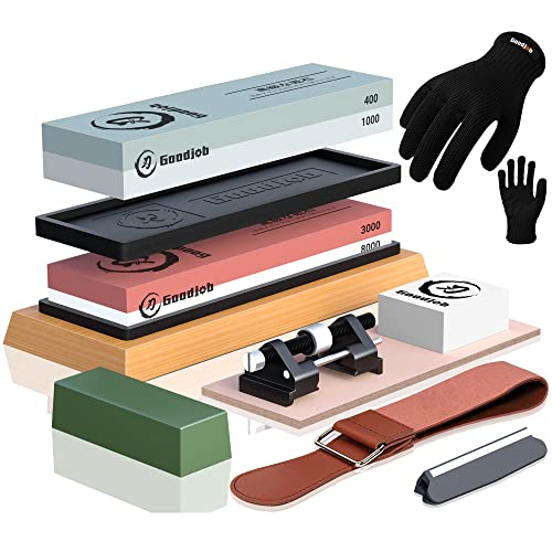 Complete Knife Sharpening Stone Kit - Goodjob Premium Japanese Whetstone Knife Sharpener Set - Dual Grit 400/1000 3000/8000 Water stone with Cut Resistant Gloves, Chisel Honing Guide, Bamboo Base
