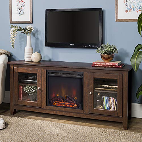 Walker Edison Rustic Wood and Glass Fireplace TV Stand for TV's up to 64" Flat Screen Living Room Storage Cabinet Doors and Shelves Entertainment Center, 58 Inch, Traditional Brown