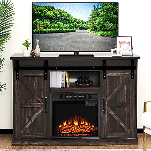 TURBRO Fireside FS48 TV Stand with Realistic Flames Fireplace, Supports TVs up to 55", with Sliding Barn Door, Entertainment Center and Adjustable Shelves for Living Room Storage, Rustic Brown