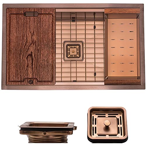 Strictly Sinks Undermount Workstation Kitchen Sink– Copper 32 Inch Scratch & Stain Resistant –16 Gauge with Single Bowl Bottom Grid, Wooden Cutting Board – Colander with Single Square Disposal Adapter Strictly Sinks Undermount Workstation Kitchen Sink– Copper 32 Inch Scratch & Stain Resistant –16 Gauge with Single Bowl Bottom Grid, Wooden Cutting Board – Colander with Single Square Disposal Adapter