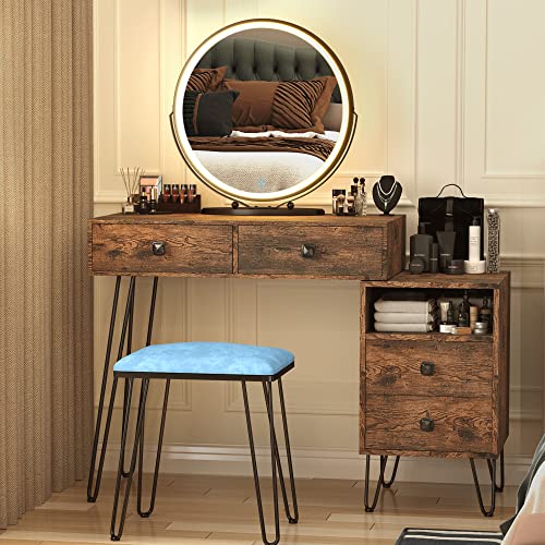 LVSOMT Vanity Desk Set with Lighted Mirror, Makeup Vanity with Drawers, Vanity Table for Bedroom (Brown) LVSOMT Vanity Desk Set with Lighted Mirror, Makeup Vanity with Drawers, Vanity Table for Bedroom (Brown)