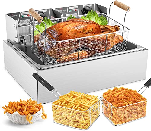 TANGME Commercial Deep Fryer, 3400w Electric Turkey Fryer with Large Basket, 22L/23.25QT 1mm Thickened Stainless Steel Countertop Oil Fryer with Temperature Limiter for Restaurant and Snack Bar TANGME Commercial Deep Fryer, 3400w Electric Turkey Fryer with Large Basket, 22L/23.25QT 1mm Thickened Stainless Steel Countertop Oil Fryer with Temperature Limiter for Restaurant and Snack Bar