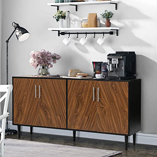 4 EVER WINNER 4 Door Credenza Sideboard for Living Room, Mid Century Modern Buffet Cabinet with Storage, 58 Inch Coffee Bar Cabinet Dining Room Kitchen, Black