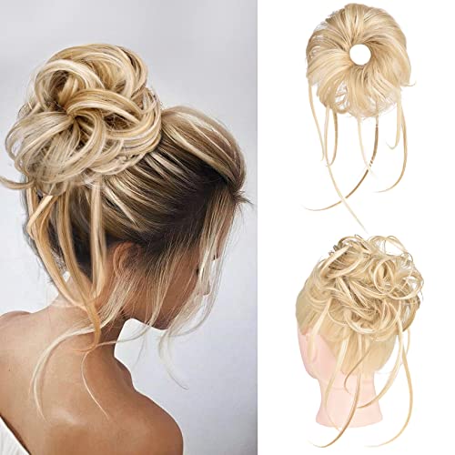 Messy Bun Hair Piece, HOOJIH Super Long Tousled Updo Hair Bun Extensions Wavy Hair Wrap Ponytail Hairpieces Hair Scrunchies with Elastic Hair Band for Women Girls - Blonde Mixed