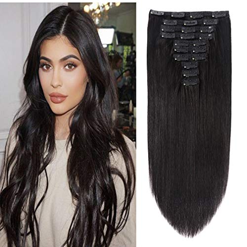 22" Clip in Human Hair Extensions Full Head 200g 10 Pieces 22 Clips Natural Black Double Weft Brazilian Real Remy Hair Extensions Thick Straight Silky (22",200g 1B#)