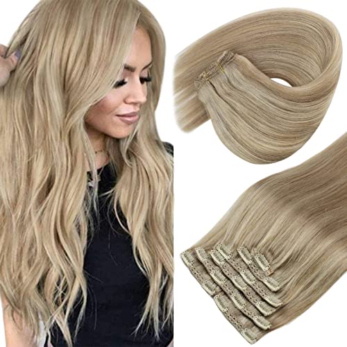 Sunny Clip in Hair Extensions Blonde Real Human Hair Clip in Extensions 24inch 7pcs 120g Dark Ash Blonde Mix Golden Blonde Invisible Blonde Hair Extensions Double Weft Clip on Hair Extensions