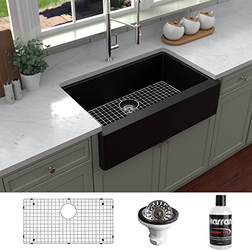 Karran Farmhouse/Apron-Front Quartz Composite 34 in. Single Bowl Kitchen Sink Kit in Black