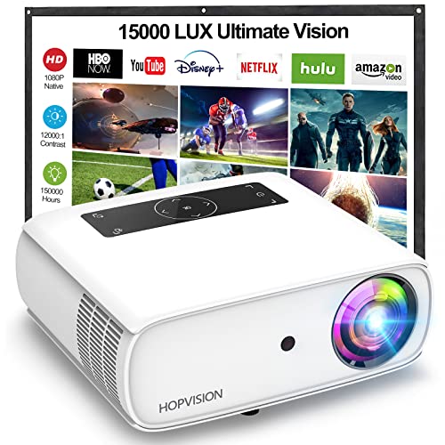 HOPVISION Native 1080P Projector Full HD, 15000Lux Movie Projector with 150000 Hours LED Lamp Life, Support 4K 350" Home Outdoor Projector for Smartphone/PC/Laptop/ PS4/ TV Stick/EXCEL/PPT