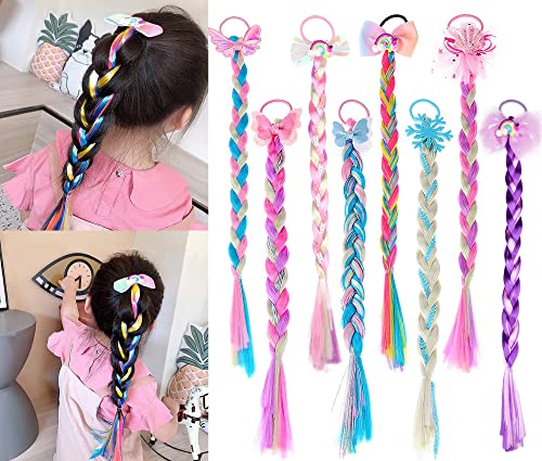 8 Pieces Colored Braids Hair Extensions with Rubber Bands Ponytails Hair Bows Rainbow Color Synthetic Hairpieces Glitter Braided Hair Extensions for Women Kids Girls Party Highlights Cosplay Dress Up