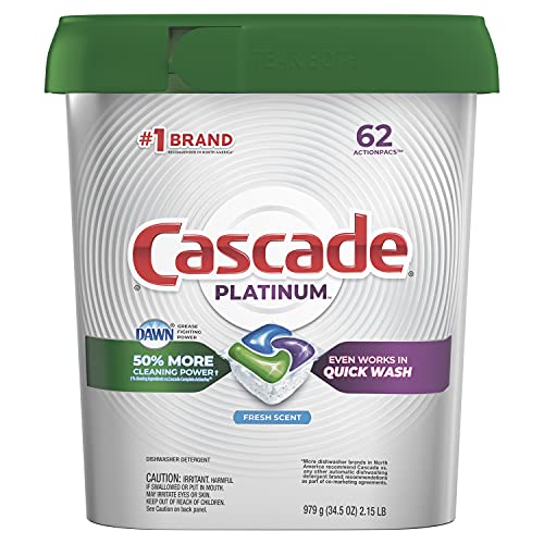 Cascade Platinum Dishwasher Pods, Actionpacs Dishwasher Detergent with Dishwasher Cleaner Action, Fresh Scent, 62 Count Cascade Platinum Dishwasher Pods, Actionpacs Dishwasher Detergent with Dishwasher Cleaner Action, Fresh Scent, 62 Count