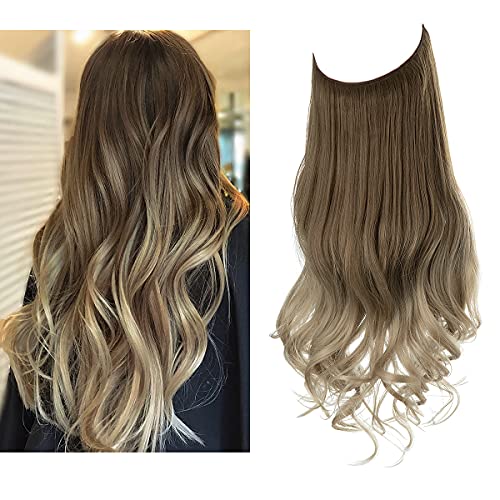 SARLA Ombre Invisible Wire Hair Extension Brown to Ash Blonde Adjustable Headband Wavy Curly Long Synthetic Hairpiece 18 Inch 4.2 Oz for Women Heat Resistant Fiber No Clip