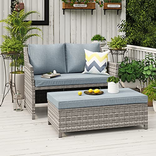 OC Orange-Casual 2-Piece Outdoor Patio Furniture Wicker Love-seat and Coffee Table Set, with Built-in Storage Bin, Grey Rattan, Grey Cushions