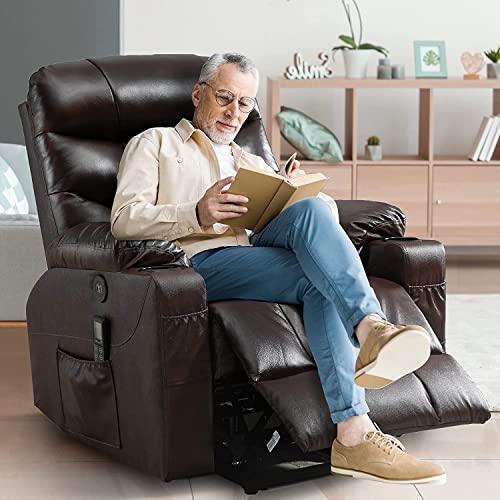Power Lift Chair Recliner for Elderly with Massage and Heat Electric Leather Recliner Classic Single Sofa Home Theater Seat for Living Room with Side Pockets and Cup Holders, USB Ports (Brown)