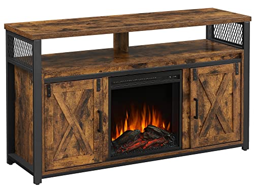 VASAGLE TV Cabinet with Fireplace, TV Stand for TVs up to 60 Inches, with Barn Doors, Adjustable Shelves, Industrial Style, Rustic Brown and Black ULTV053B01