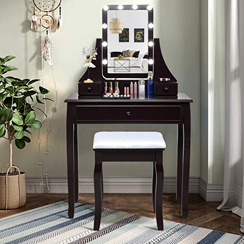CHARMAID Vanity Set with Lighted Mirror, Makeup Dressing Table with 10 LED Dimmable Bulbs, Touch Switch, 3 Drawers 2 Dividers, Modern Bedroom Makeup Table with Cushioned Stool for Women Girls (Brown) CHARMAID Vanity Set with Lighted Mirror, Makeup Dressing Table with 10 LED Dimmable Bulbs, Touch Switch, 3 Drawers 2 Dividers, Modern Bedroom Makeup Table with Cushioned Stool for Women Girls (Brown)