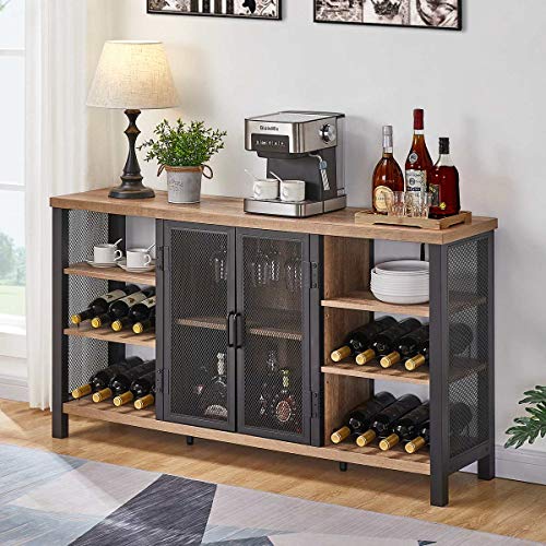 FATORRI Industrial Wine Bar Cabinet for Liquor and Glasses, Farmhouse Wood Coffee Bar Cabinet with Wine Rack, Metal Sideboard and Buffet Cabinet (55 Inch, Rustic Oak)