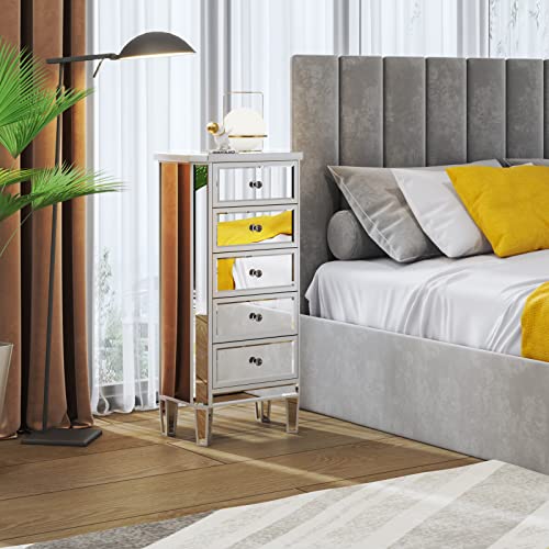 VINGLI Mirrored Dresser 5 Drawers Modern Chest for Bedroom, Dressing Room, Living Room