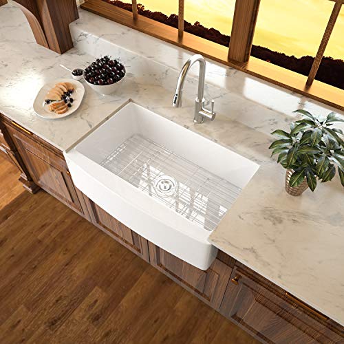33 White Farmhouse Sink - Sarlai 33 Inch White Kitchen Sink Curved Apron Front Ceramic Porcelain Fireclay Single Bowl Farm Sink Basin