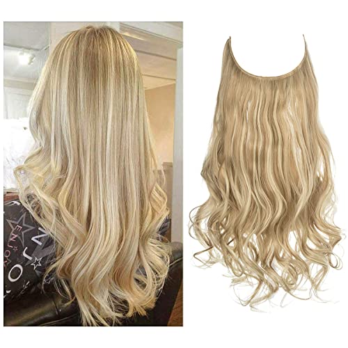 SARLA Dirty Blonde Hair Extensions Invisible Wire Highlight Wavy Curly Long Synthetic Hairpieces for Women 18 Inch 4.2 Oz Adjustable Headband Heat Friendly Fiber No Clip