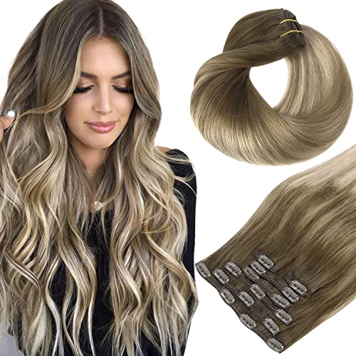 Clip in Hair Extensions, hotbanana Walnut Brown to Ash Brown and Bleach Blonde 120g Clip in Hair Extensions Real Human Hair Straight Remy Hair Clip in Hair Extensions 16 inch 7pcs
