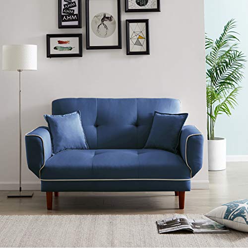 Convertible Futon Sofa Bed with 2 Pillows, Loveseat Sleeper Sofa Futon Couch, Recliner Couch with Adjustable Armrest and Wood Legs, Living Room Sofa with 5-Angle Backrest for Small Space (Navy Blue)