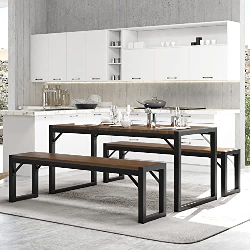 IMUsee 3-Piece 47.2" Dining Table Set for 4-6,Modern Rustic Kitchen Table with Metal Frame and Wood Board,Kitchen & Dining Room Table Set with Benches,Space-Saving Dinette for Small Space,Black&Walnut IMUsee 3-Piece 47.2" Dining Table Set for 4-6,Modern Rustic Kitchen Table with Metal Frame and Wood Board,Kitchen & Dining Room Table Set with Benches,Space-Saving Dinette for Small Space,Black&Walnut