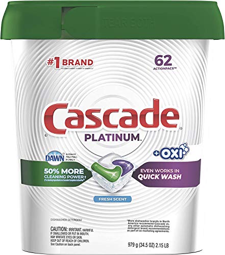Cascade Platinum Dishwasher Pods, Actionpacs + Oxi Dishwasher Detergent with Dishwasher Cleaner Action, Fresh, 62 Count Cascade Platinum Dishwasher Pods, Actionpacs + Oxi Dishwasher Detergent with Dishwasher Cleaner Action, Fresh, 62 Count