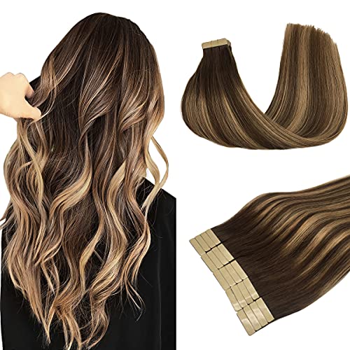 DOORES 50g Human Hair Extensions Tape in Remy Balayage Chocolate Brown to Caramel Blonde Silky Straight Tape in Hair Extensions Natural Hair Extensions Real Hair 20pcs 16 Inch