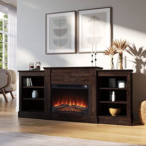 Della Electric Faux Fireplace TV Stand Heater, Entertainment Center with Built-In Bookshelves and Cabinets, Remote Control and Enhanced Log Display - Brown
